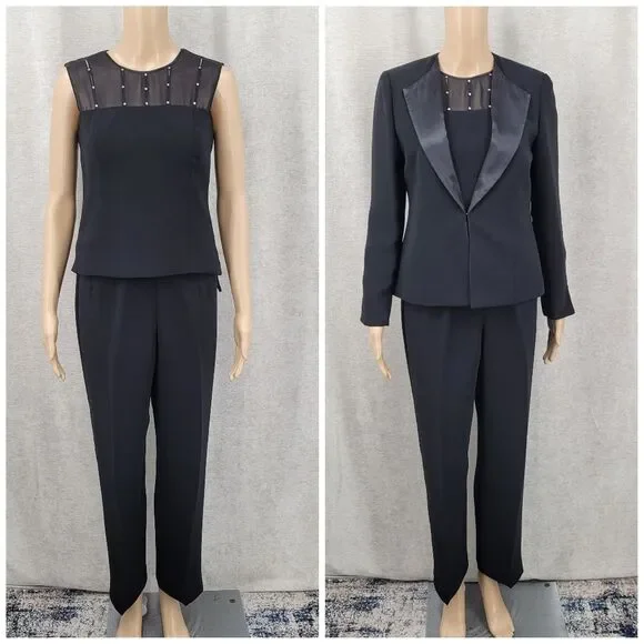 Jessica Howard Black Satin Trim Blazer Pantsuit 3 Piece Blousr Pants Jacket - Picture 13 of 16
